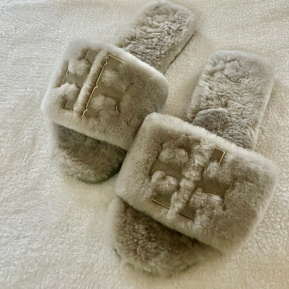 Tory Burch Women's Double T Logo Shearling Slides
